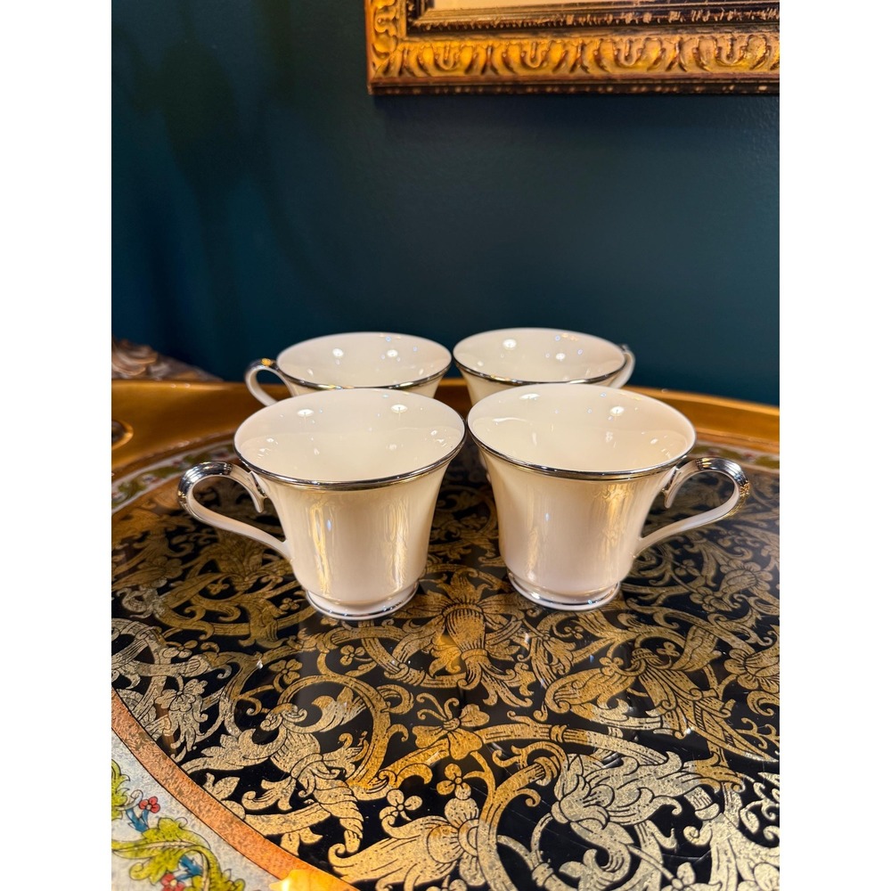 Lenox Solitaire Teacups: Ivory China with Platinum Trim, Set of 4